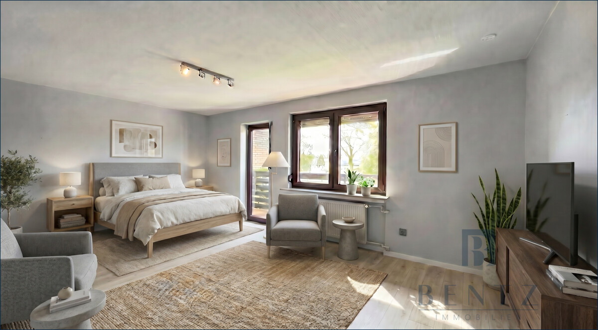 Schlafzimmer 1.OG mit Zugang Balkon visualisiert